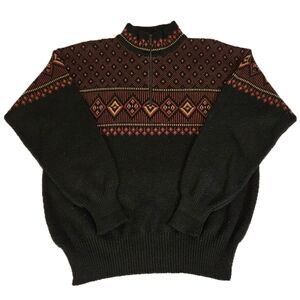 Men's Black Fair Isle Half-Zip Sweater with Rust Pattern